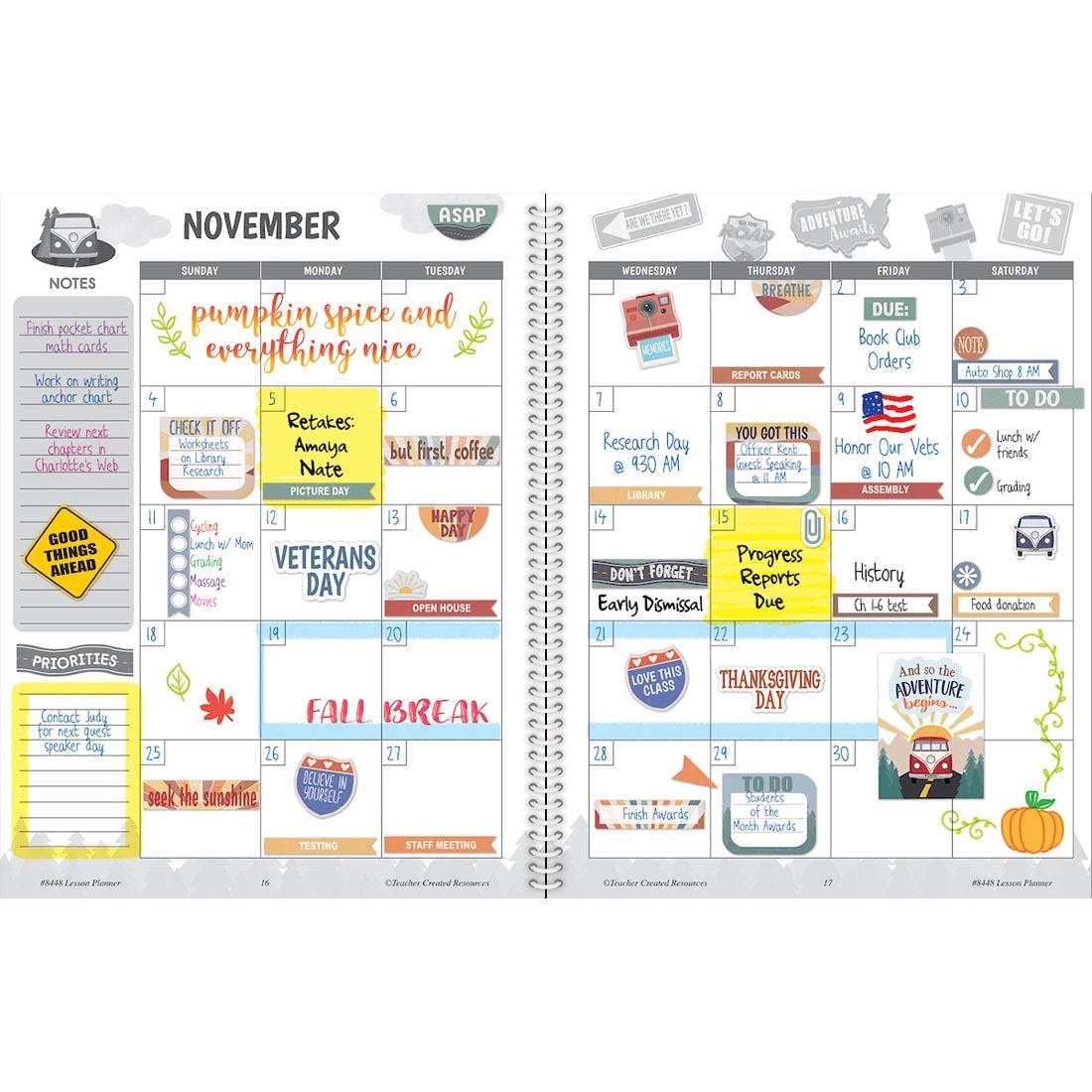example completed pages from Road Trip Teacher Plan Book from the Moving Mountains collection by Teacher Created Resources