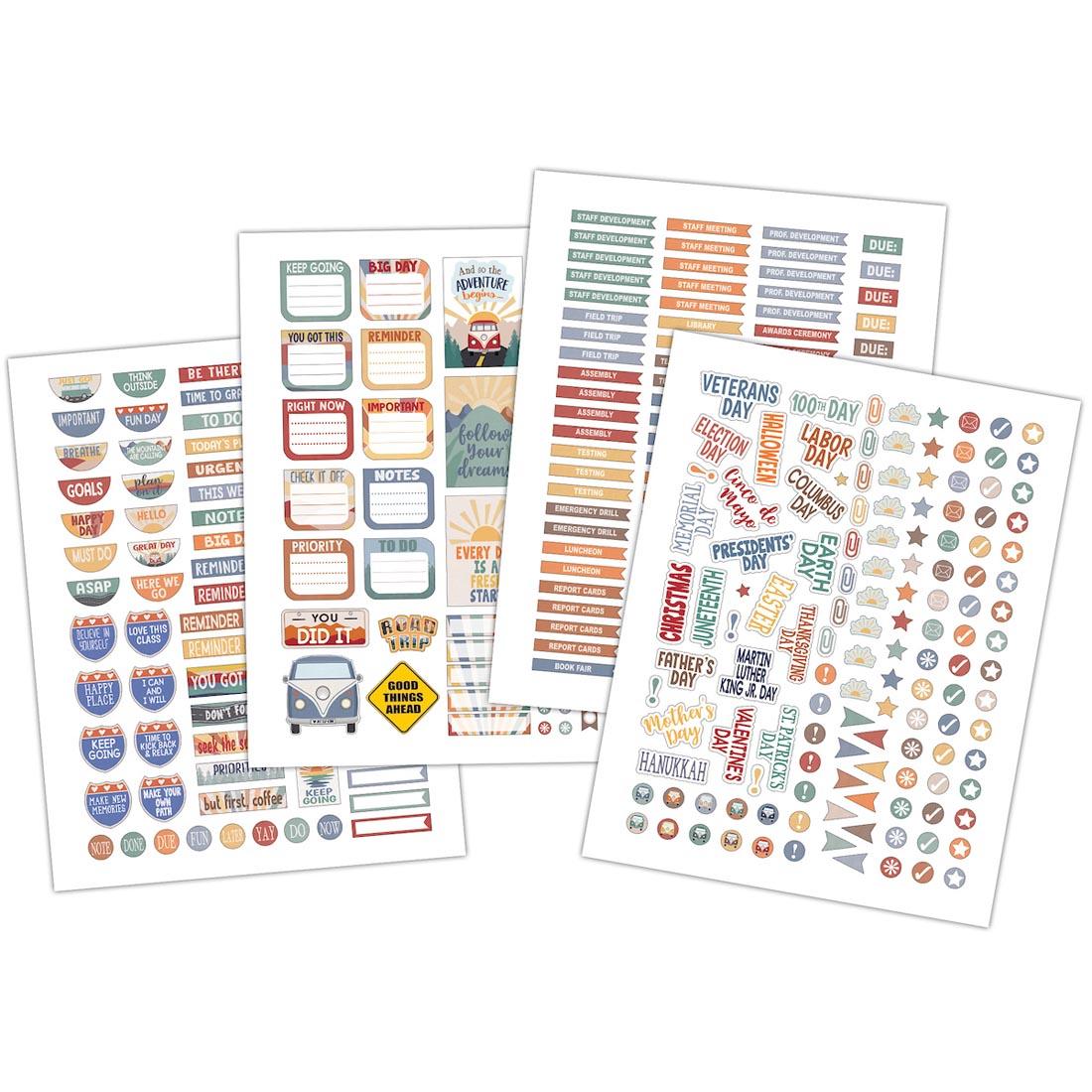 sheets of stickers included with the Road Trip Teacher Plan Book from the Moving Mountains collection by Teacher Created Resources