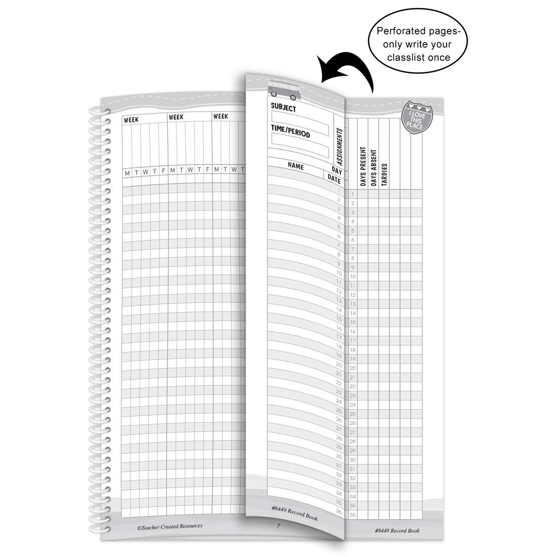 page from Road Trip Teacher Record Book from the Moving Mountains collection by Teacher Created Resources shown being folded with an arrow and text Perforated pages - only write your classlist once