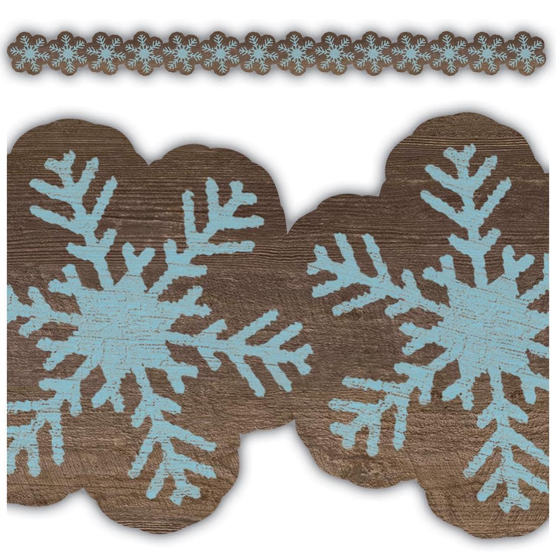 Full view and closeup of the Snowflakes Die Cut Border Trim from the Home Sweet Classroom collection by Teacher Created Resources