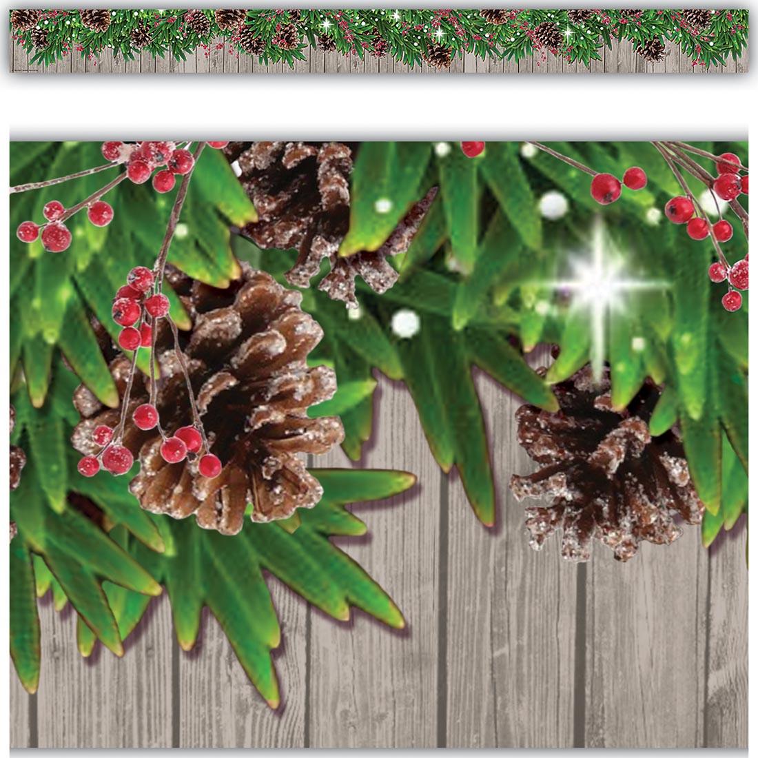 Full view and closeup of the Winter Pine Cones Straight Border Trim