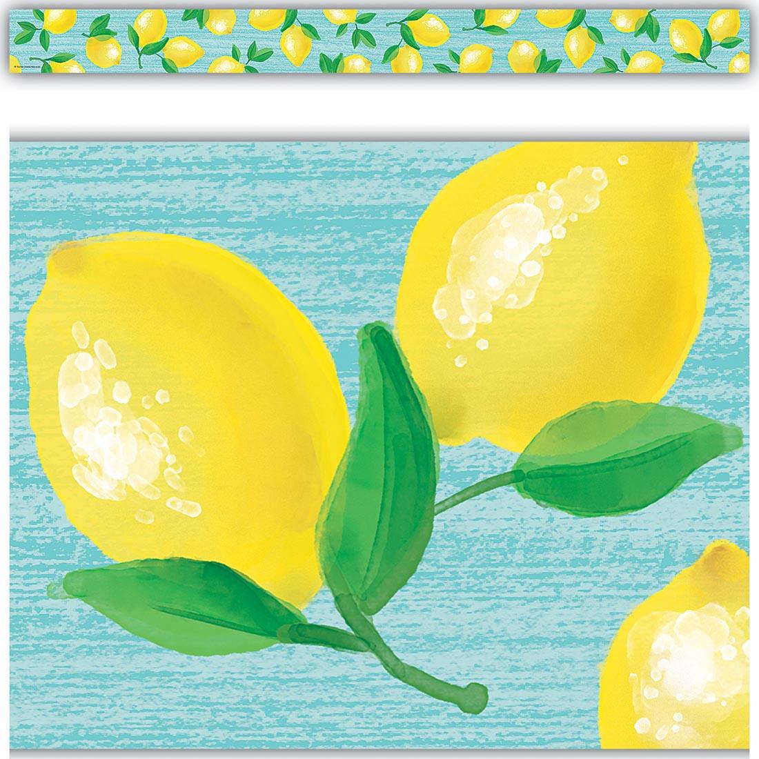 Full view and closeup of the Straight Border Trim from the Lemon Zest collection by Teacher Created Resources
