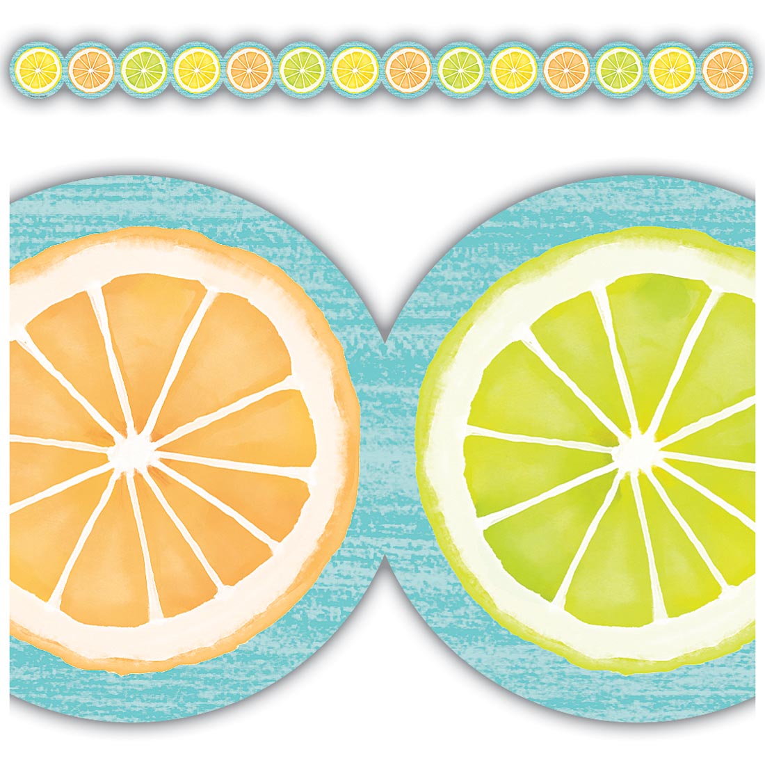 Full view and closeup of the Citrus Slices Die-Cut Border Trim from the Lemon Zest collection by Teacher Created Resources
