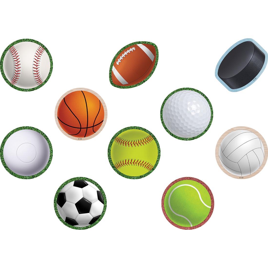 Sports Mini Accents include baseball, football, hockey puck, basketball, golf ball, tennis ball, volleyball, softball, soccer ball