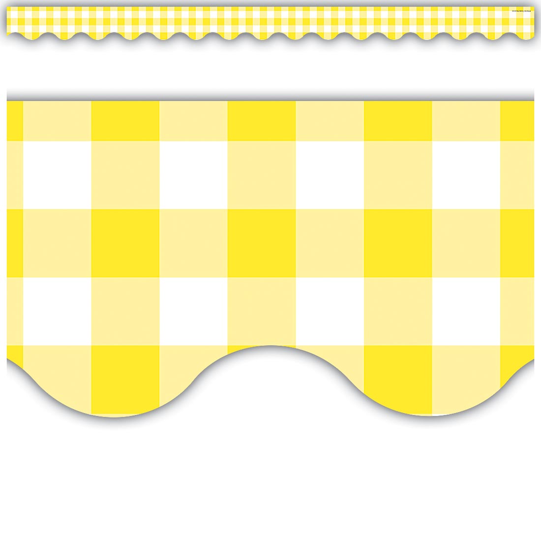 Full view and closeup of the Yellow Gingham Scalloped Border Trim