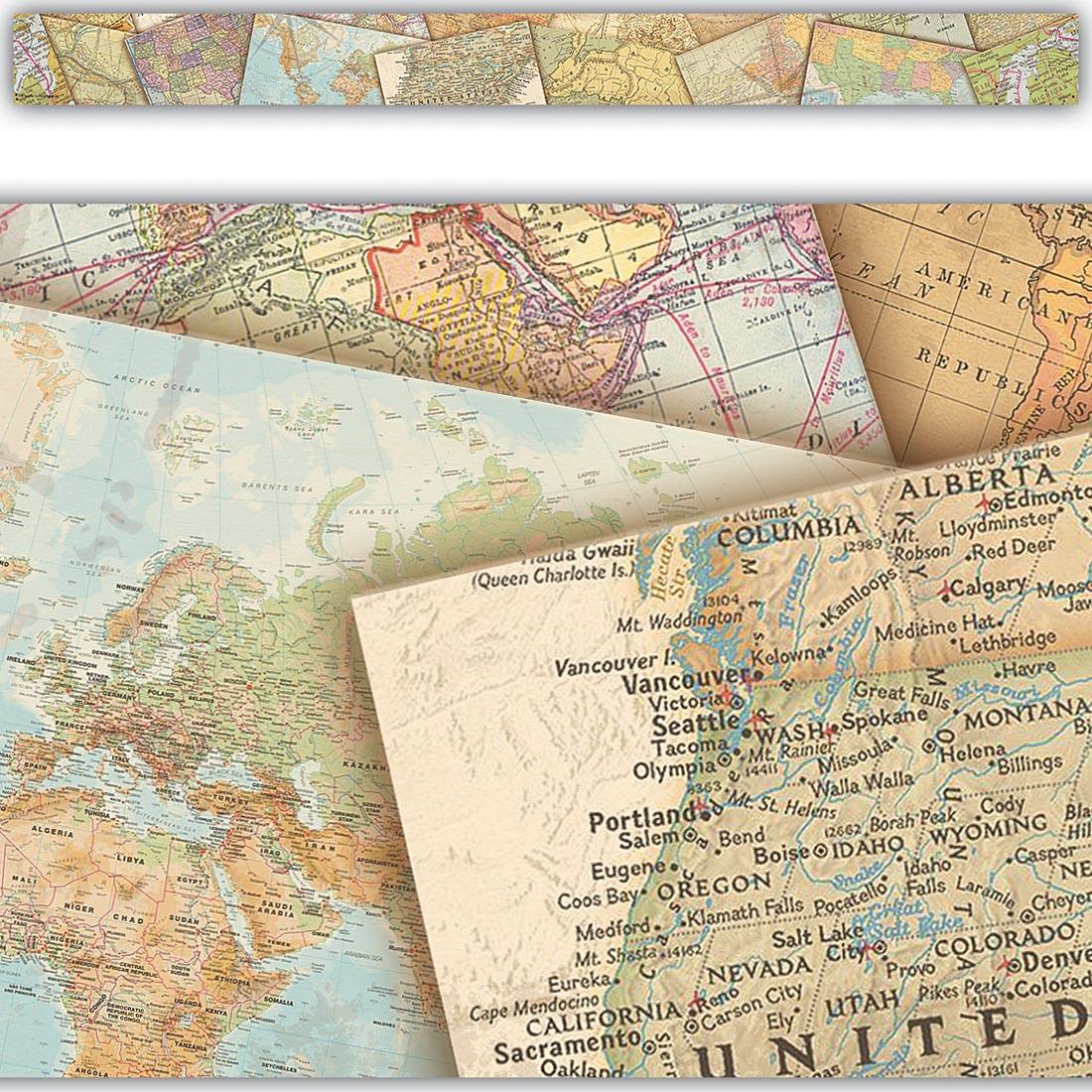 Full view and closeup of the Straight Border Trim from the Travel the Map collection by Teacher Created Resources
