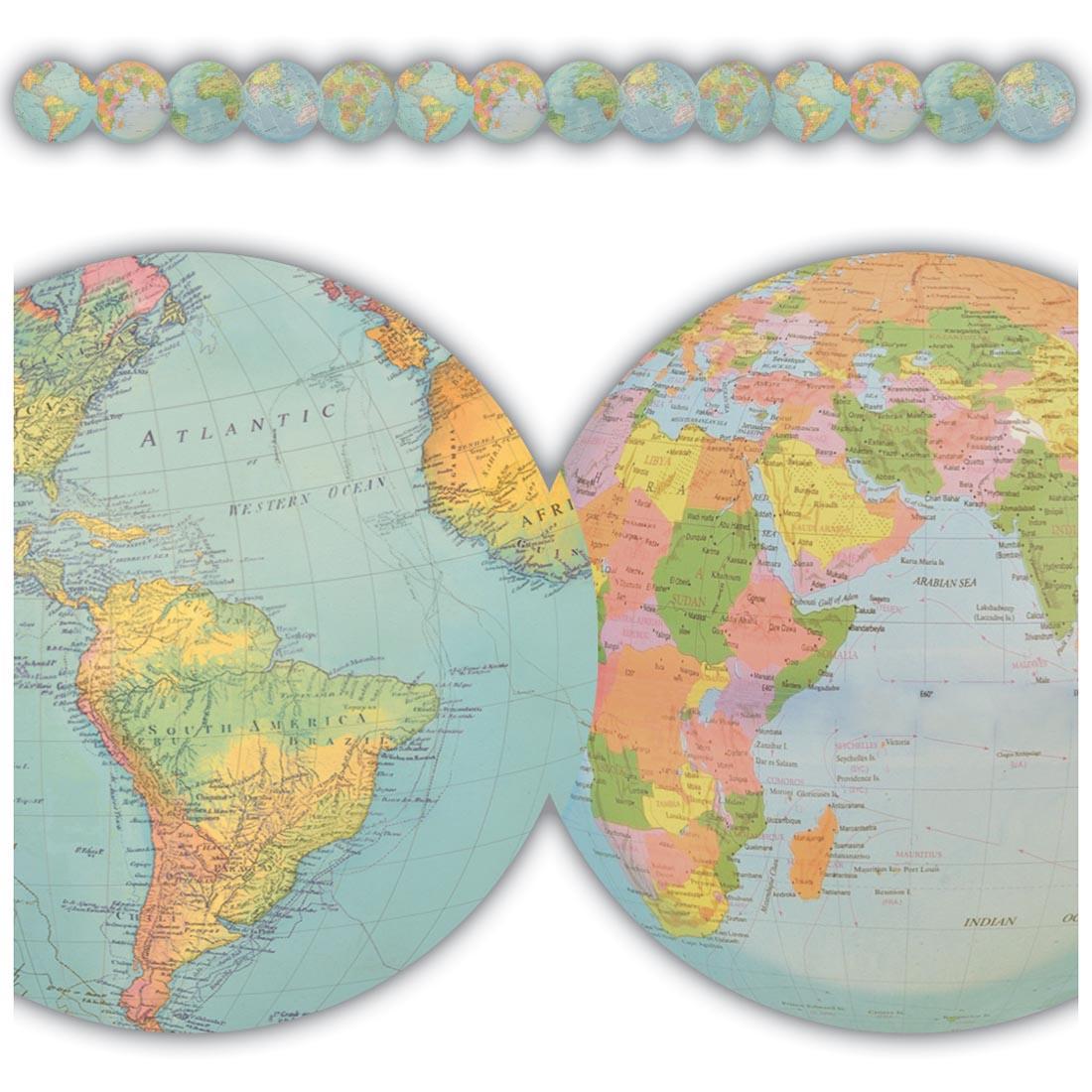 Full view and closeup of the Globes Die-Cut Border Trim from the Travel the Map collection by Teacher Created Resources