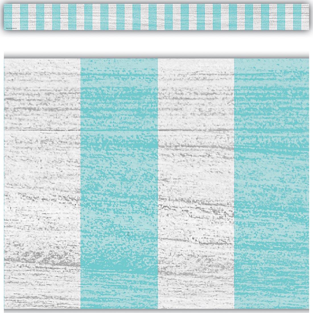 Full view and closeup of the Vintage Blue Stripes Straight Border Trim by Teacher Created Resources