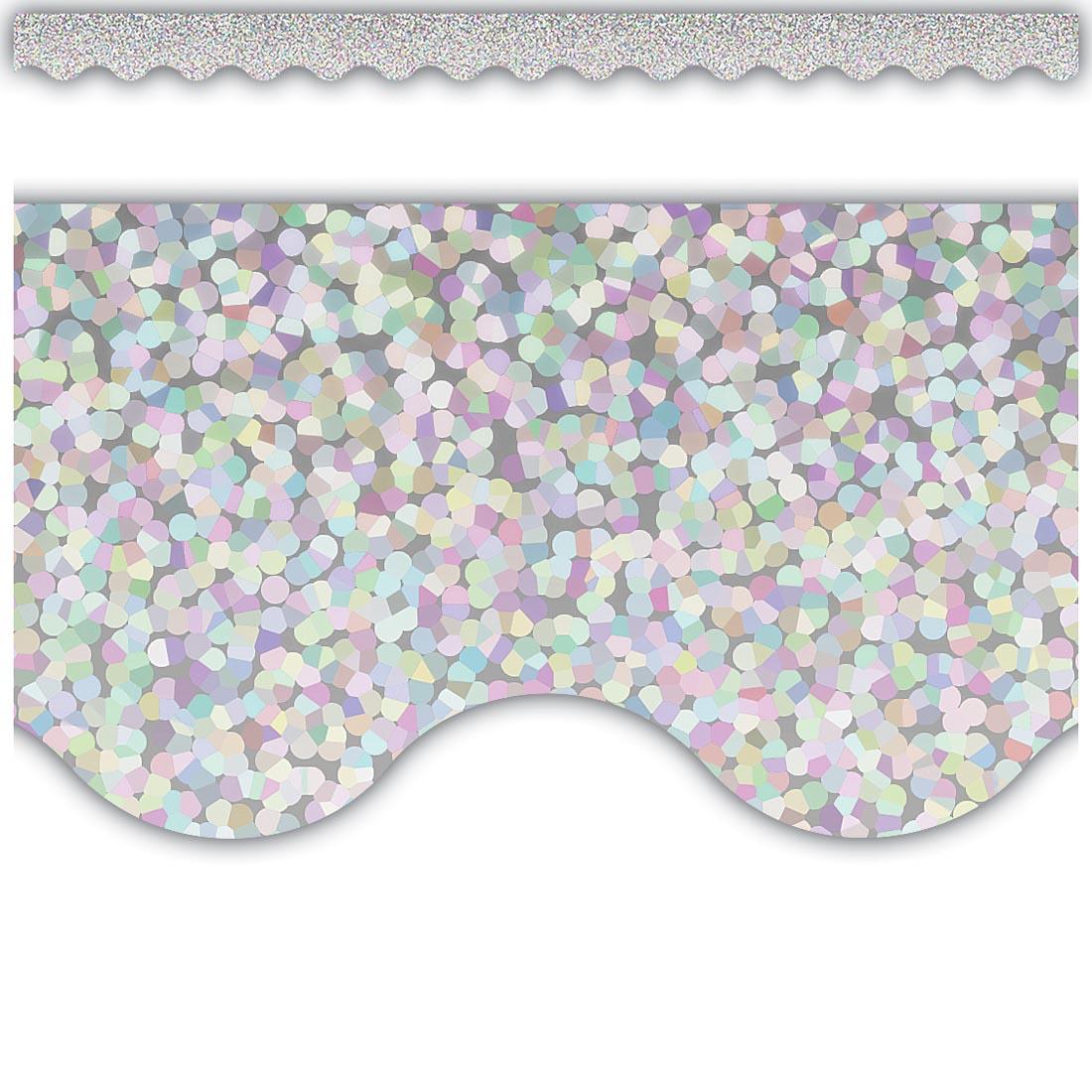 full strip plus a closeup of Silver Sparkle Scalloped Border Trim By Teacher Created Resources
