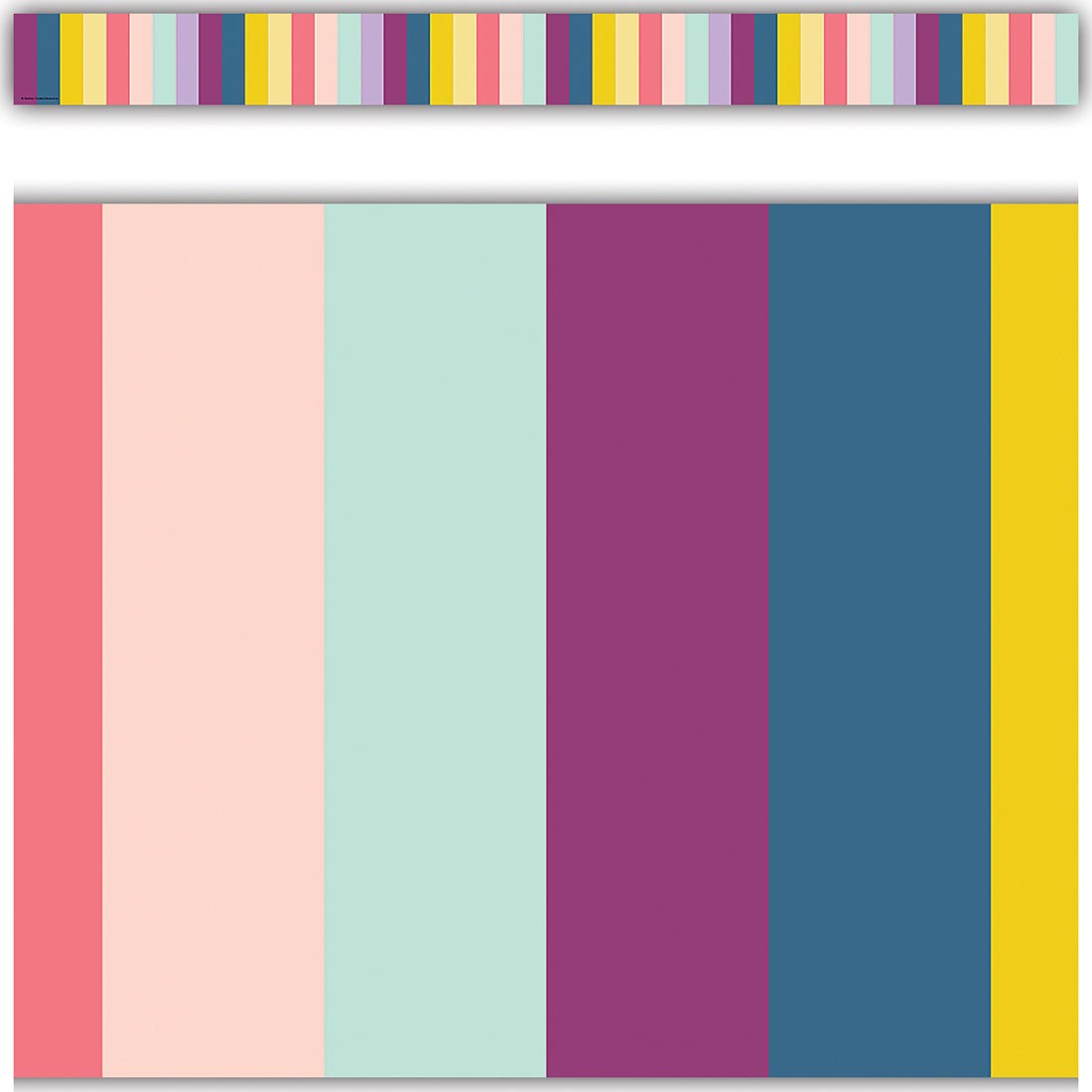 Full view and closeup of the Stripes Straight Border Trim from the Oh Happy Day collection by Teacher Created Resources