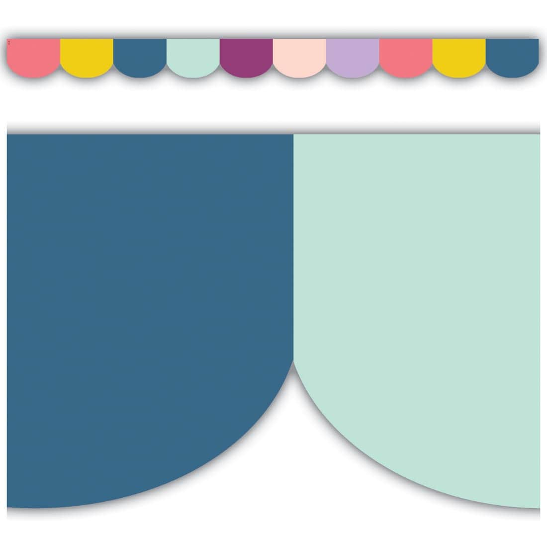 Full view and closeup of the Scalloped Die-Cut Border Trim from the Oh Happy Day collection by Teacher Created Resources