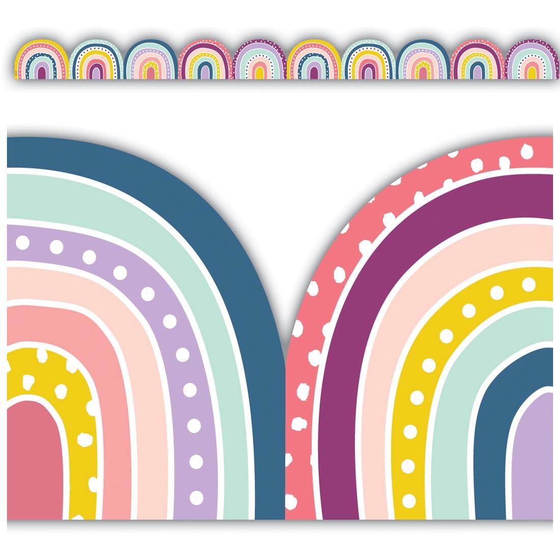 Full view and closeup of the Rainbows Die-Cut Border Trim from the Oh Happy Day collection by Teacher Created Resources