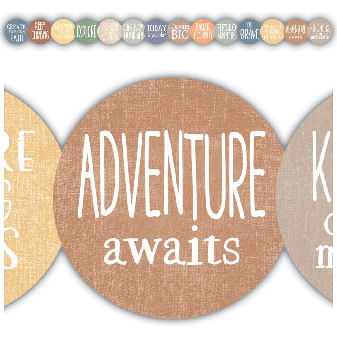 Full view and closeup of the Positive Sayings Die-Cut Border Trim from the Moving Mountains collection by Teacher Created Resources