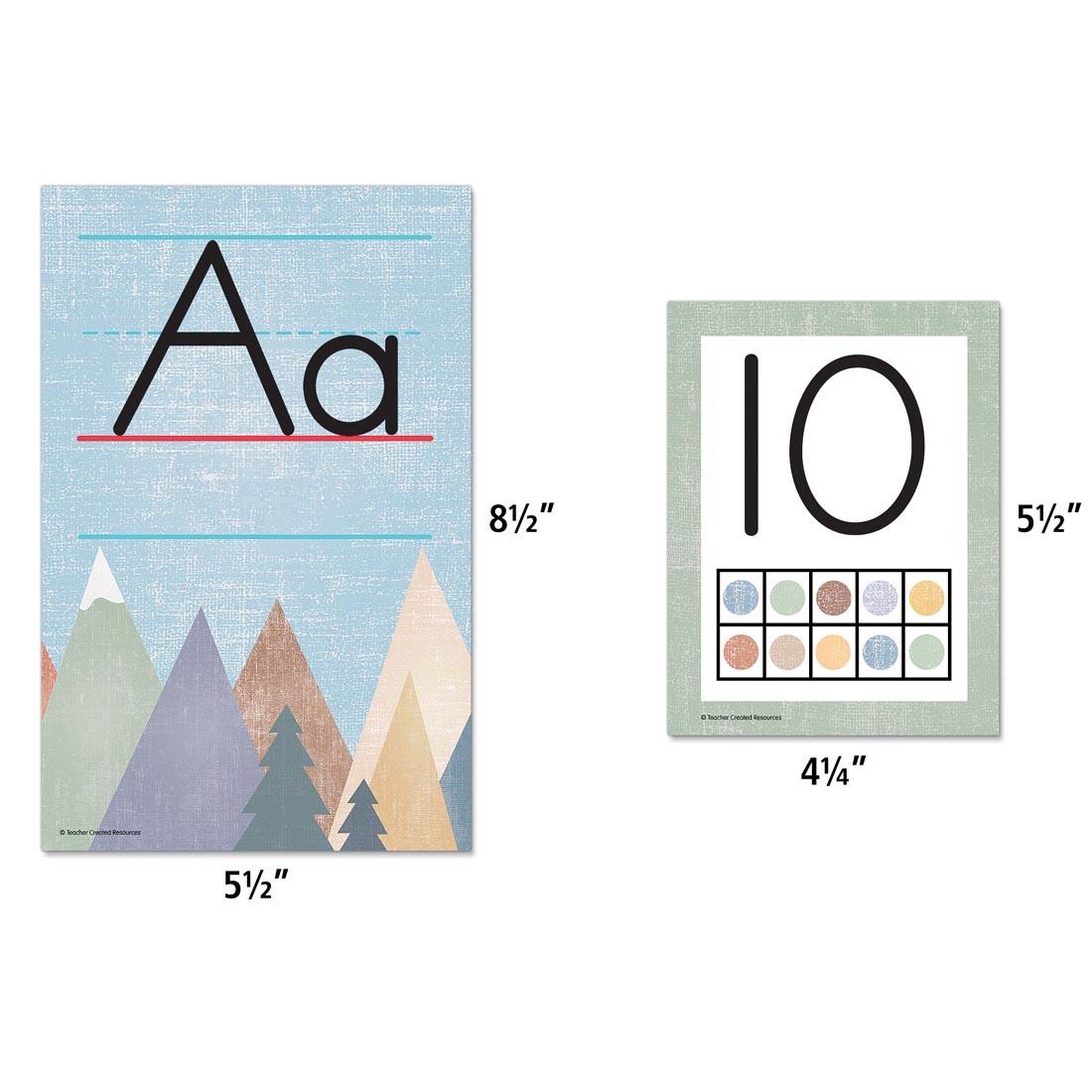 The A and 10 Pieces of the Alphabet Bulletin Board Set from the Moving Mountains collection by Teacher Created Resources labeled with measurements 8-1/2"x5-1/2" and 5-1/2"x4-1/4"