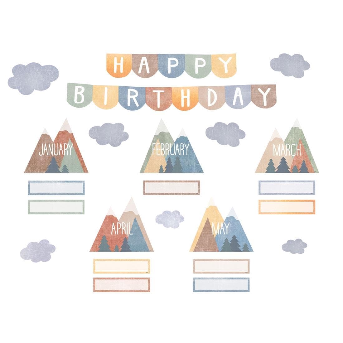 pieces of the Happy Birthday Mini Bulletin Board Set from the Moving Mountains collection by Teacher Created Resources