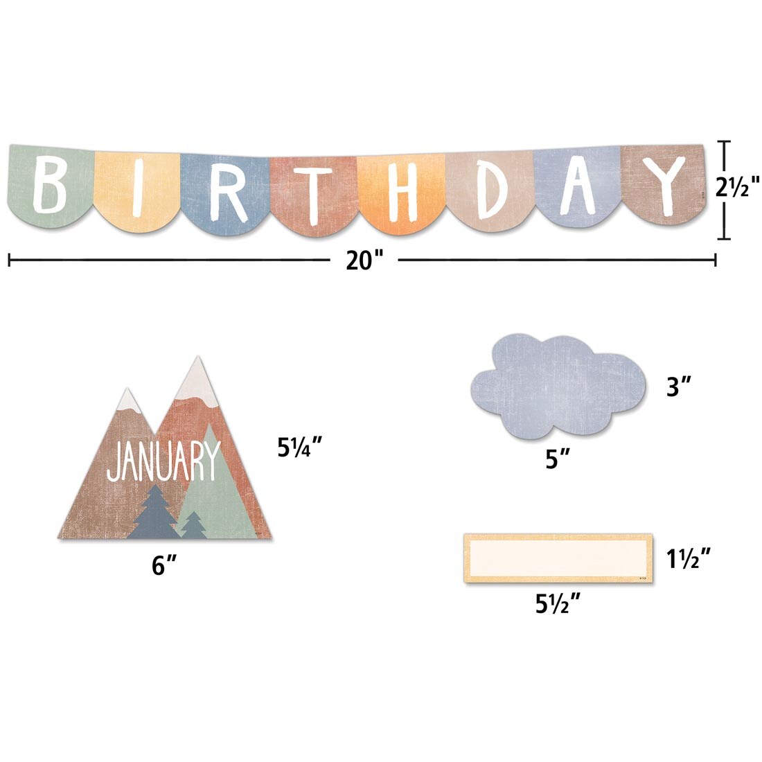 4 pieces of the Happy Birthday Mini Bulletin Board Set from the Moving Mountains collection by Teacher Created Resources each labeled with their measurement