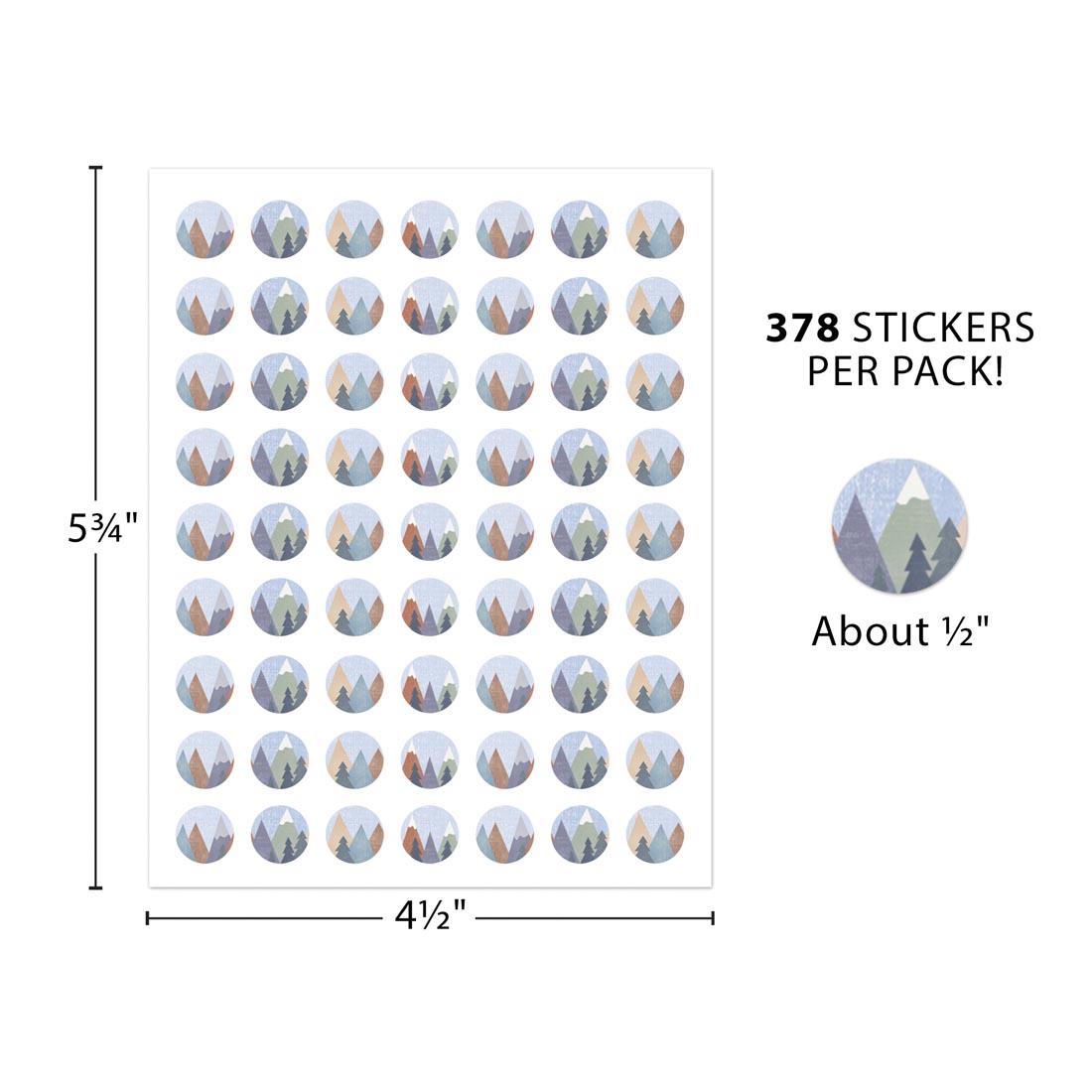 a sheet of Moving Mountains Mini Stickers with text 378 stickers per pack! labeled with measurements 5-3/4" x 4-1/2" and individual sticker labeled About 1/2"