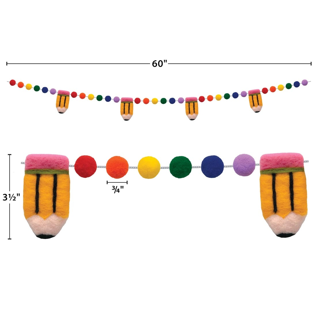 full strip plus closeup of Colorful Pencils Garland By Teacher Created Resources labeled with measurements 60"; 3-1/2"; 3/4"