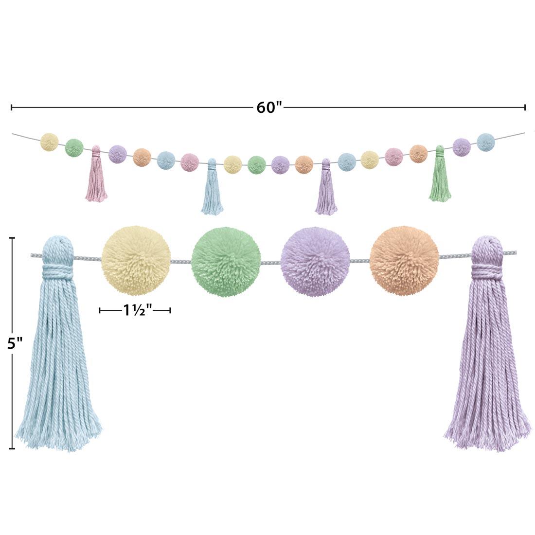 full strip plus a closeup of Pastel Pom-Poms And Tassels Garland By Teacher Created Resources labeled with measurements: 60"; 5" tassel; 1-1/2" pom pom