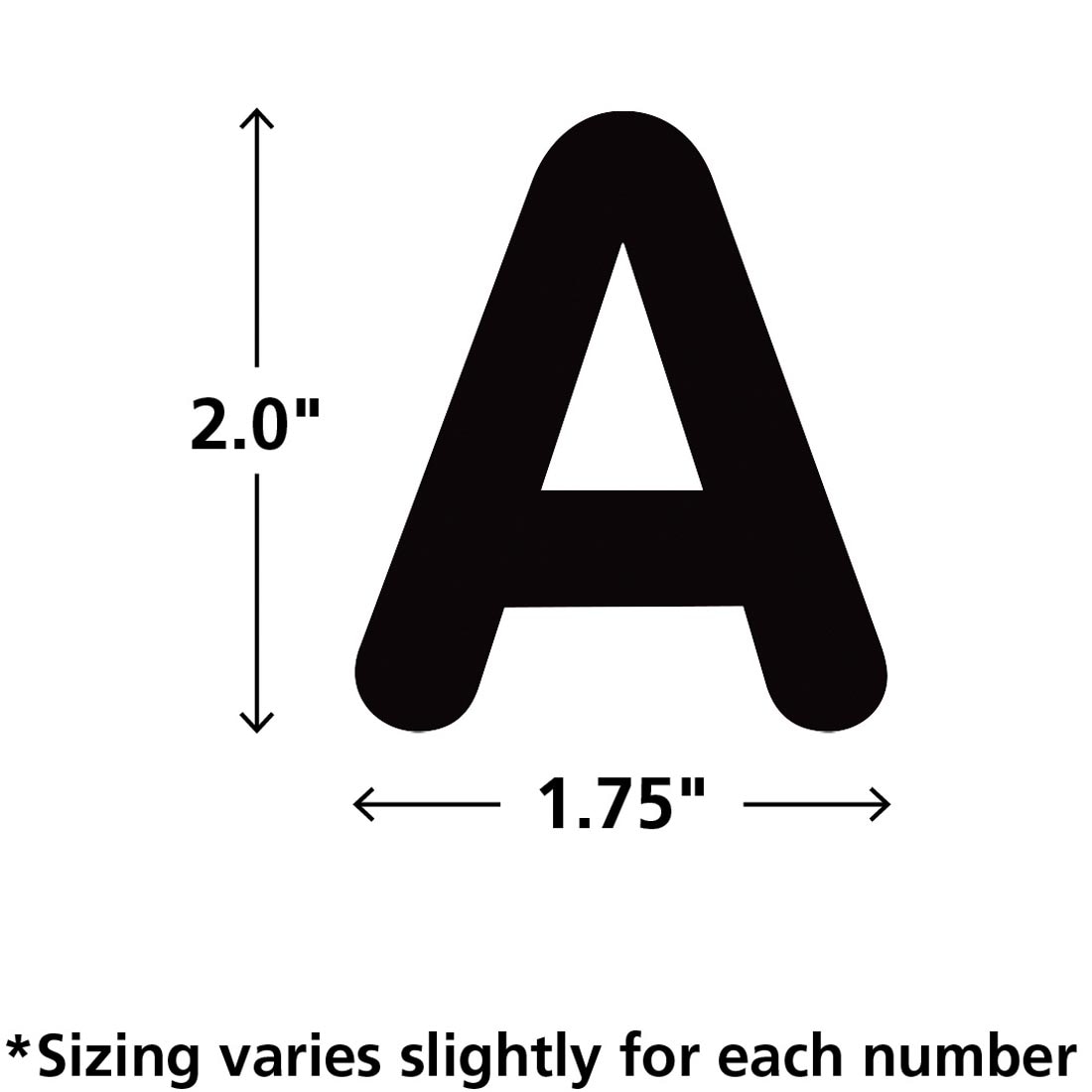 The letter A from the Black Classic 2" Uppercase Letters Set By Teacher Created Resources labeled with measurements 2" x 1.75" and text *Sizing varies slightly for each number
