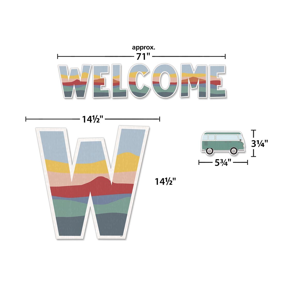 3 pieces of the Welcome Bulletin Board Set from the Moving Mountains Road Trip collection by Teacher Created Resources each labeled with their measurements