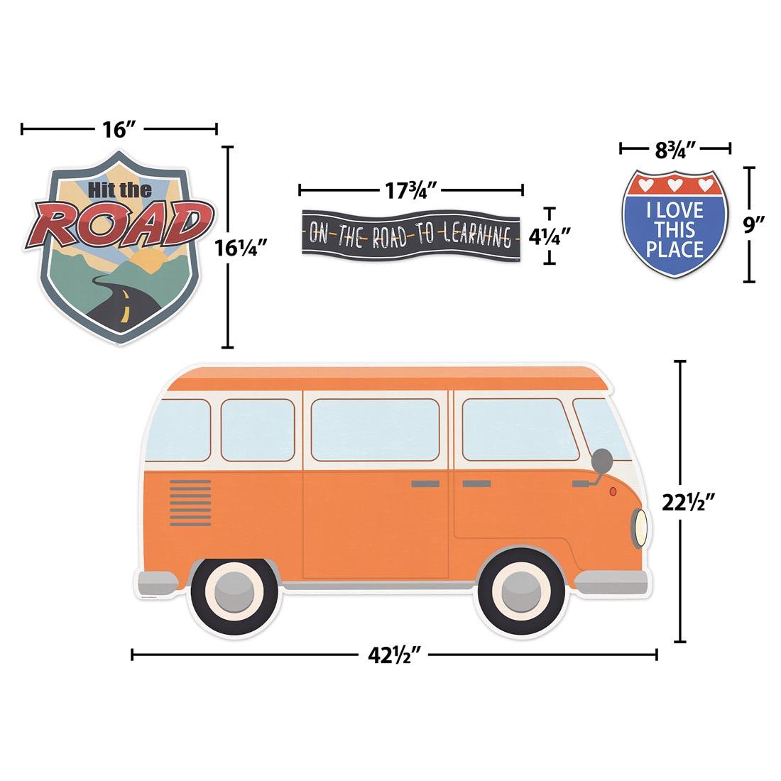 4 pieces of the Hit the Road Bulletin Board Set from the Moving Mountains Road Trip collection by Teacher Created Resources each labeled with their measurements
