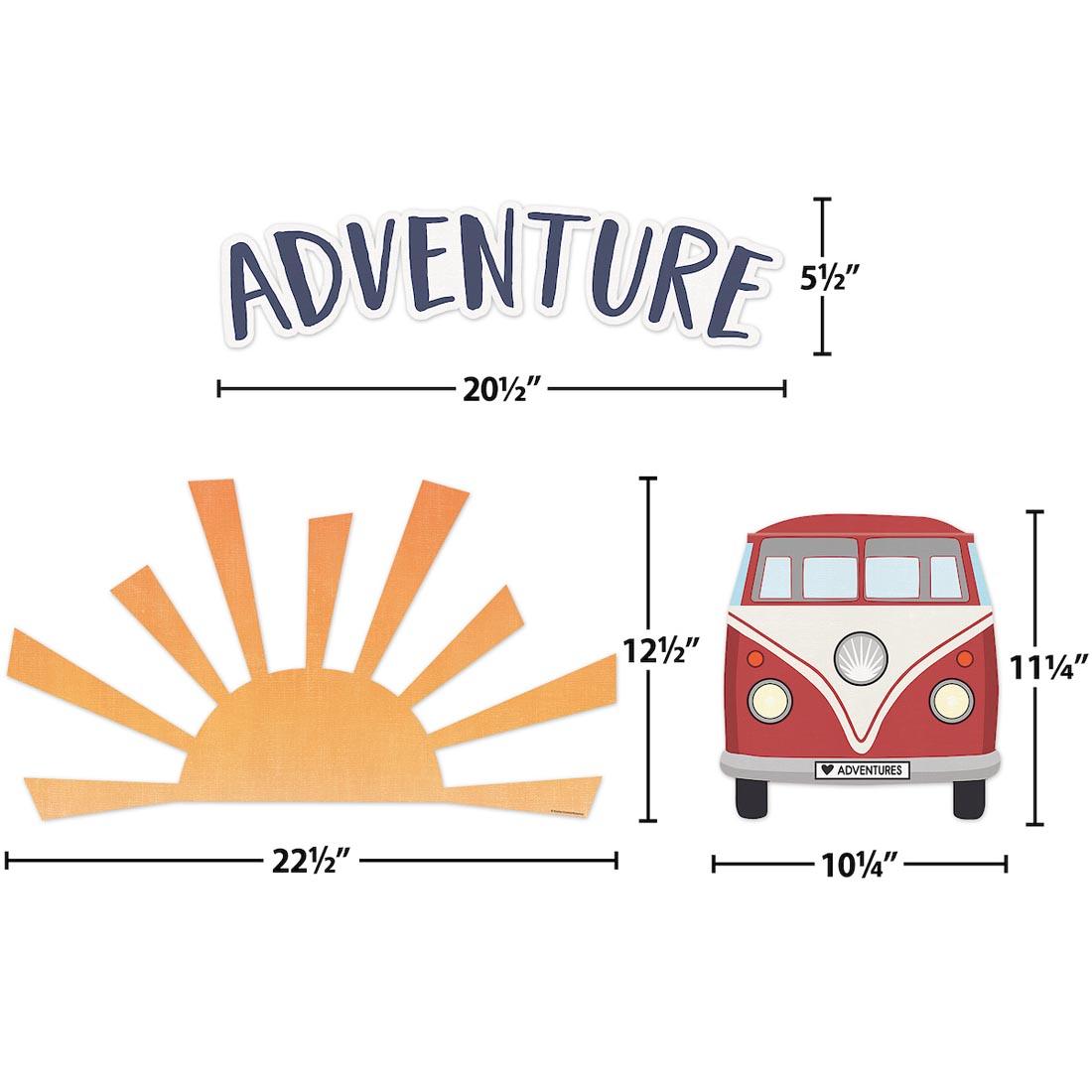 3 pieces of the The Adventure Begins Bulletin Board Set from the Moving Mountains Road Trip collection by Teacher Created Resources each labeled with their measurements