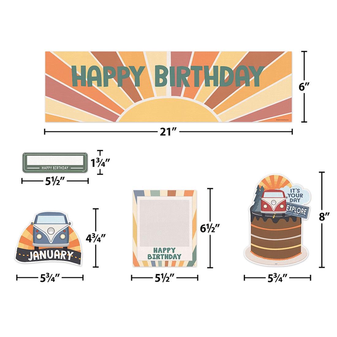 5 pieces of the Happy Birthday Mini Bulletin Board Set from the Moving Mountains Road Trip collection by Teacher Created Resources each labeled with their measurements