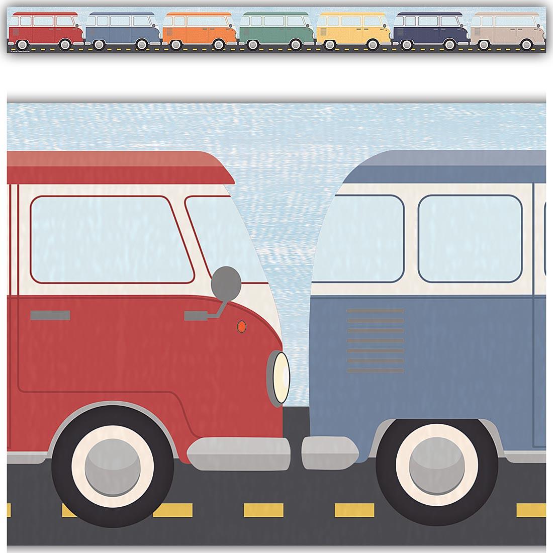 full strip plus closeup of Camper Vans Straight Border Trim from the Moving Mountains Road Trip collection by Teacher Created Resources