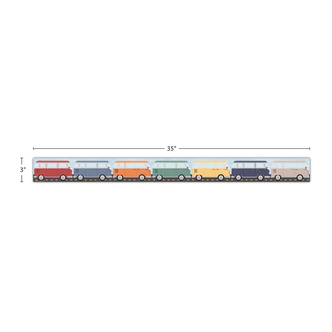 strip of Camper Vans Straight Border Trim from the Moving Mountains Road Trip collection by Teacher Created Resources labeled with the measurements 35" and 3"
