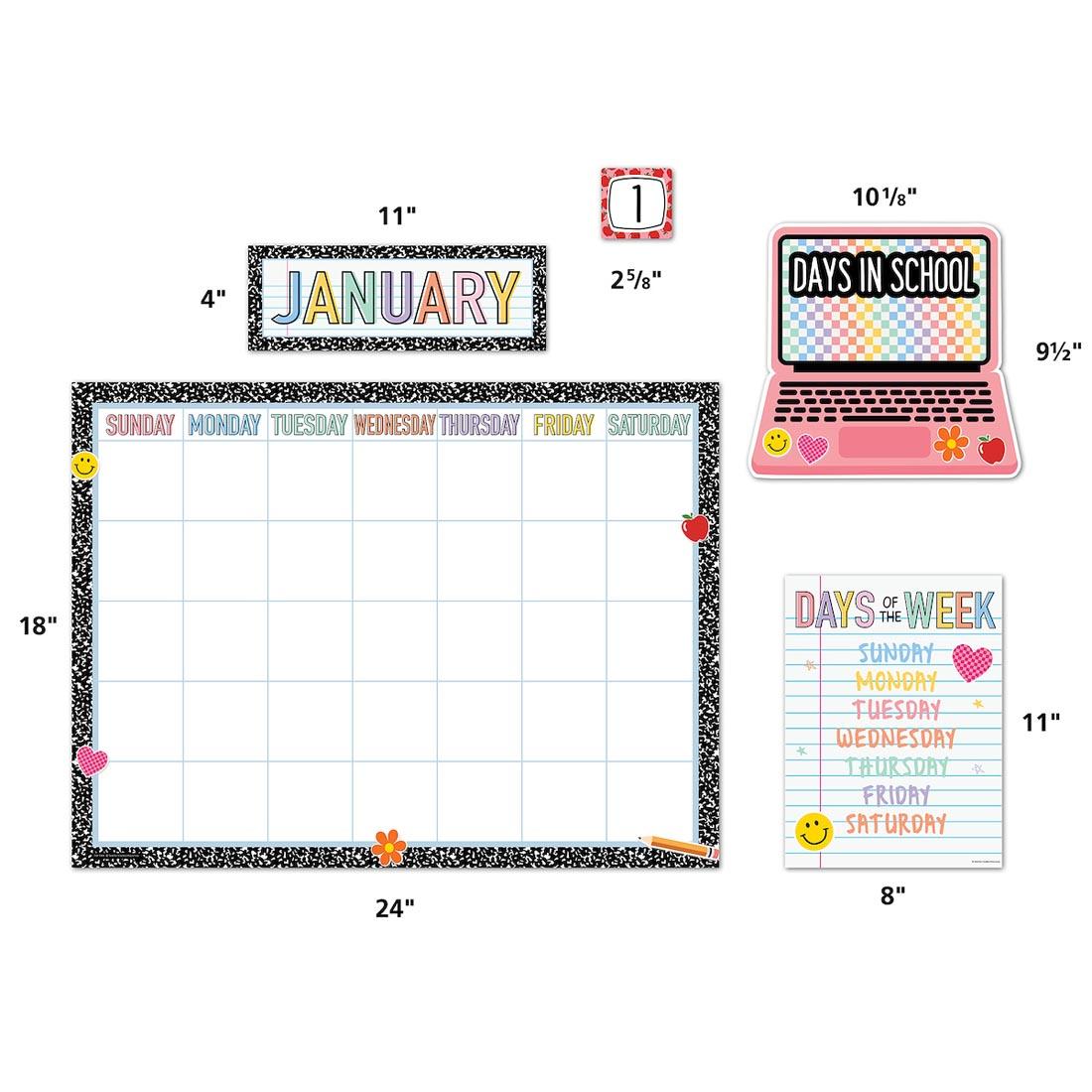 5 pieces of the Calendar Bulletin Board Set from the Cool For School collection by Teacher Created Resources each labeled with their measurements