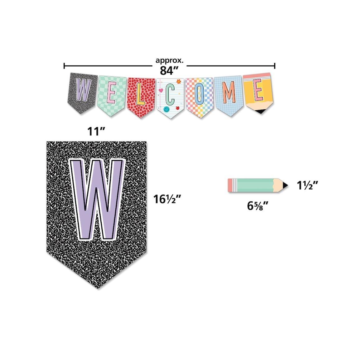 3 pieces of the Pennants Welcome Bulletin Board Set from the Cool For School collection by Teacher Created Resources each labeled with their measurements