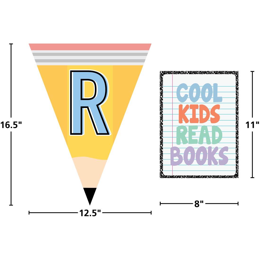2 pieces of Read Pennants Bulletin Board Set from the Cool For School collection by Teacher Created Resources labeled with measurements 16.5 x 12.5" and 11 x 8"