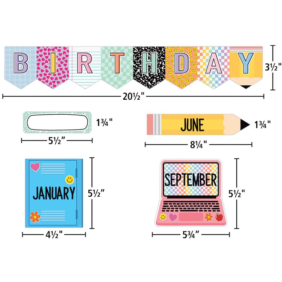 5 pieces of the Happy Birthday Mini Bulletin Board Set from the Cool For School collection by Teacher Created Resources each labeled with their measurements