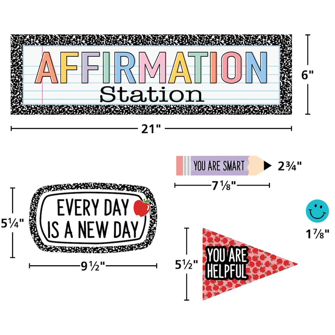 5 pieces of the Positive Affirmations Mini Bulletin Board Set from the Cool For School collection by Teacher Created Resources each labeled with their measurements