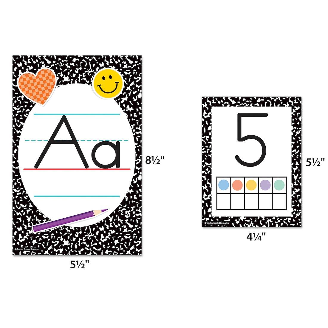 2 pieces from the Composition Alphabet Bulletin Board Set from the Cool For School collection by Teacher Created Resources labeled with measurements 8-1/2 x 5-1/2" and 5-1/2 x 4-1/4"