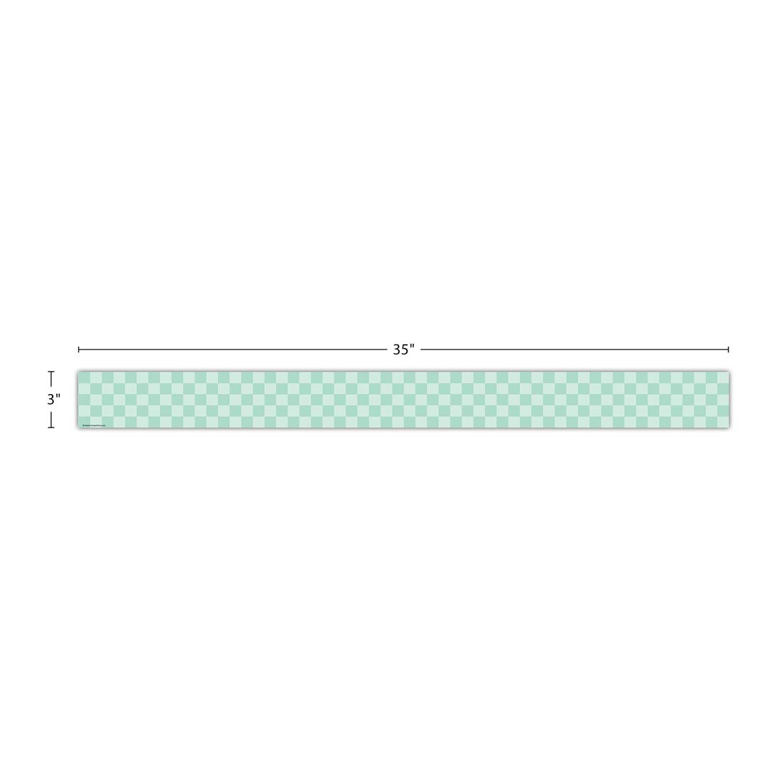 strip of Green Checkers Straight Border Trim from the Cool For School collection by Teacher Created Resources labeled with the measurements 35" and 3"