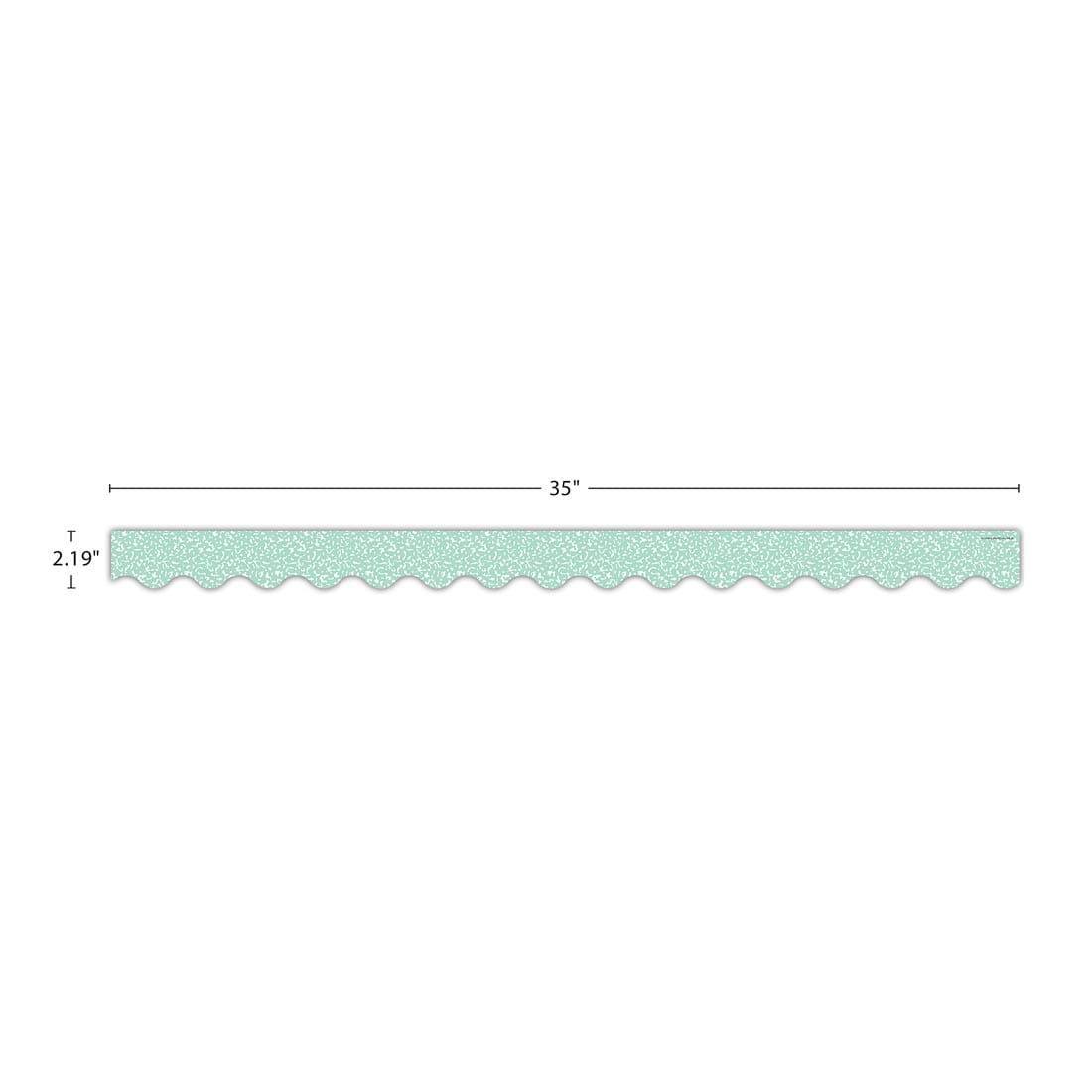 strip of Composition Green Scalloped Border Trim from the Cool For School collection by Teacher Created Resources labeled with the measurements 35" and 2.19"