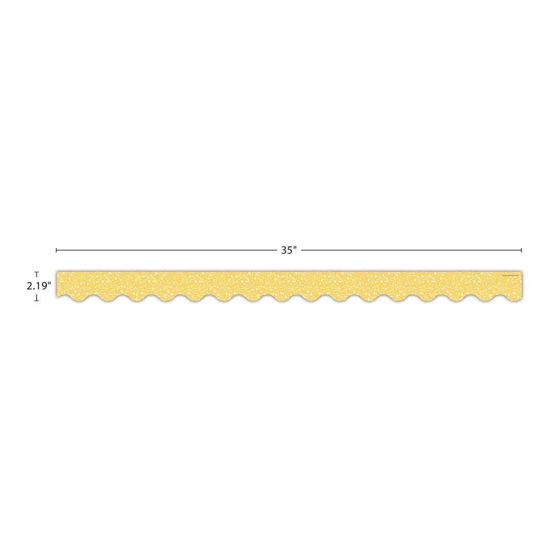 strip of Composition Yellow Scalloped Border Trim from the Cool For School collection by Teacher Created Resources labeled with the measurements 35" and 2.19"