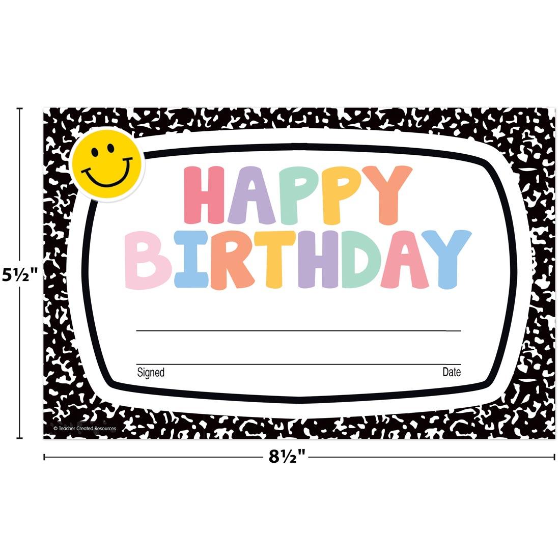 Happy Birthday Award from the Cool For School collection by Teacher Created Resources labeled with measurements 5-1/2" and 8-1/2"