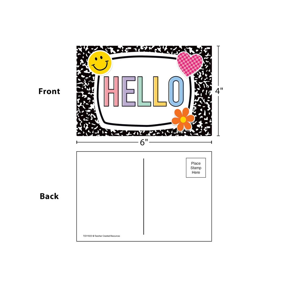 front and back of a Hello Postcard from the Cool For School collection by Teacher Created Resources labeled with measurements 4" and 6"