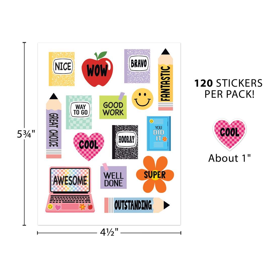 sheet of Stickers from the Cool For School collection by Teacher Created Resources labeled with measurements 5-3/4" x 4-1/2" plus text 120 Stickers Per Pack! and a single sticker labeled with About