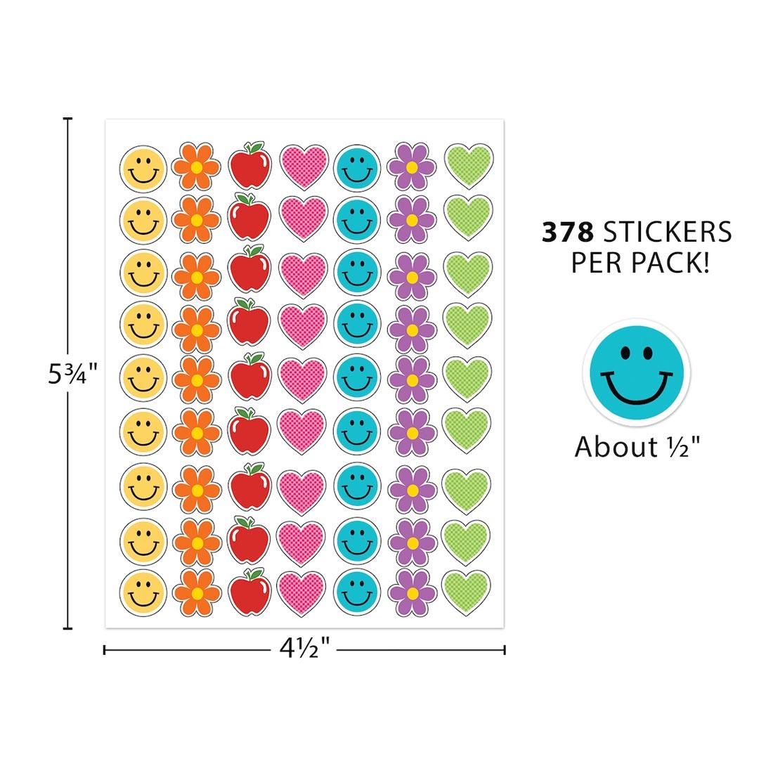 Sheet of Mini Stickers from the Cool For School collection by Teacher Created Resources labeled with measurements 5-3/4" x 4-1/2" plus text 378 Stickers Per Pack! and a single sticker labeled with Ab