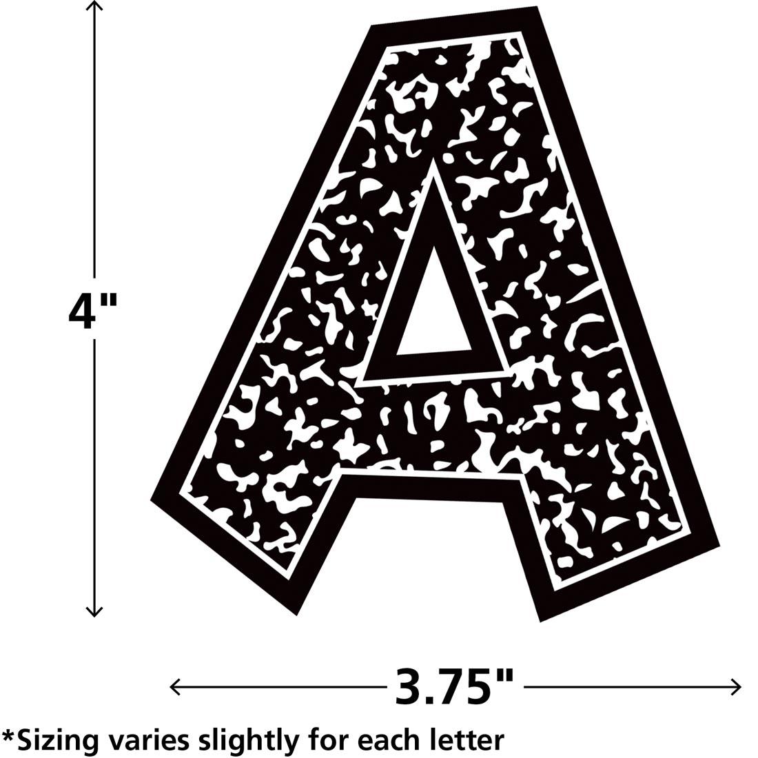 The A from Composition Fun Font 4" Letters from the Cool For School collection by Teacher Created Resources labeled with measurements 4" and 3.75" plus text *Sizing varies slightly for each letter