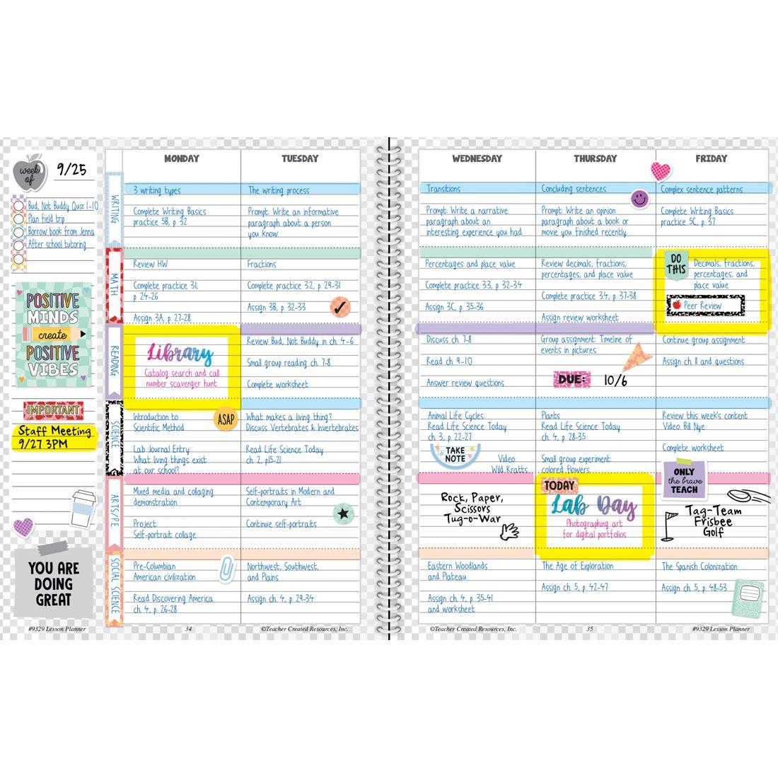 examples of completed pages from the Teacher Plan Book from the Cool for School collection by Teacher Created Resources