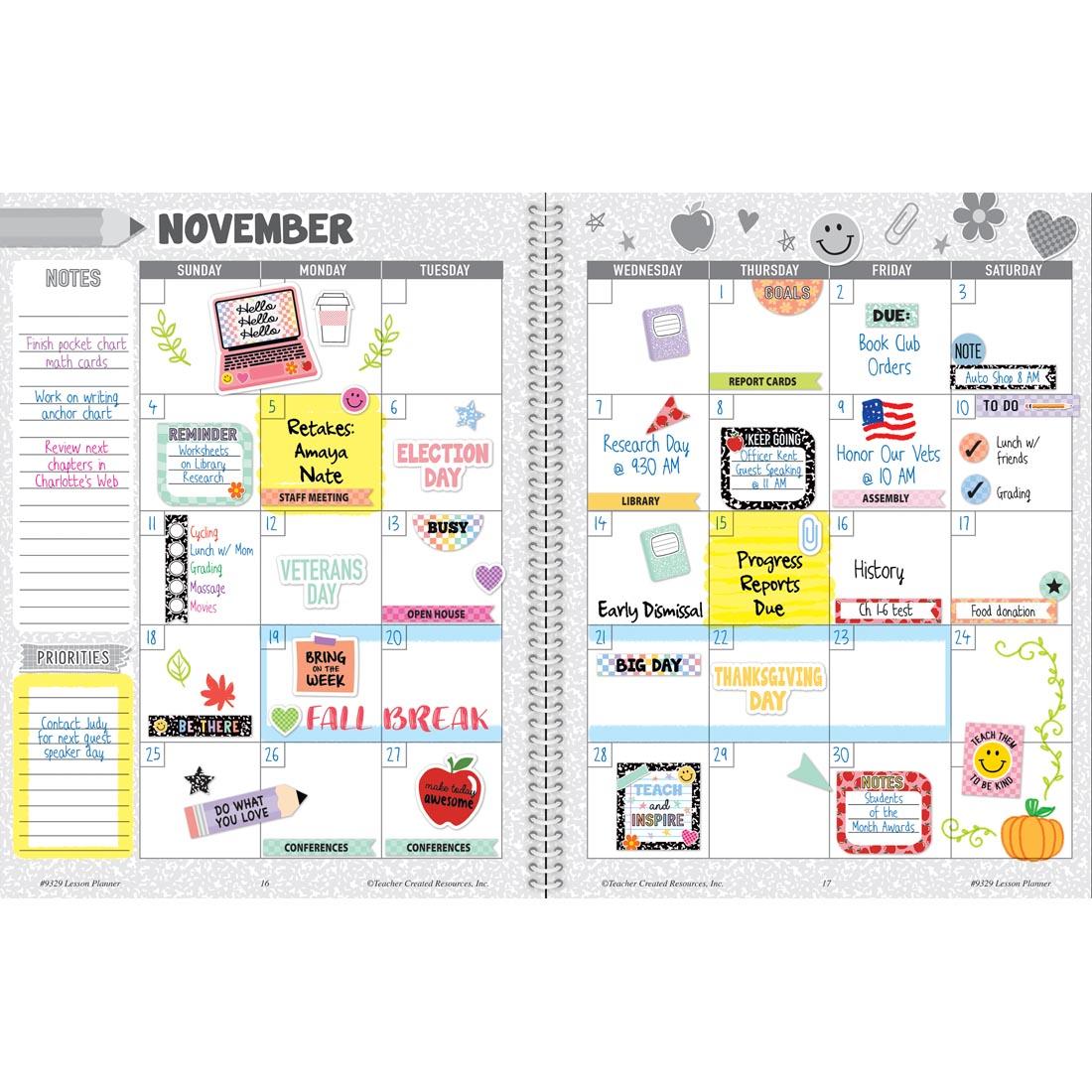 examples of completed pages from the Teacher Plan Book from the Cool for School collection by Teacher Created Resources