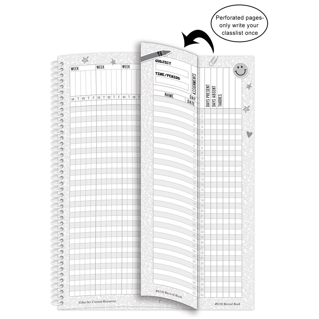 page from Record Book from the Cool For School collection by Teacher Created Resources shown being folded with an arrow and text Perforated pages - only write your classlist once