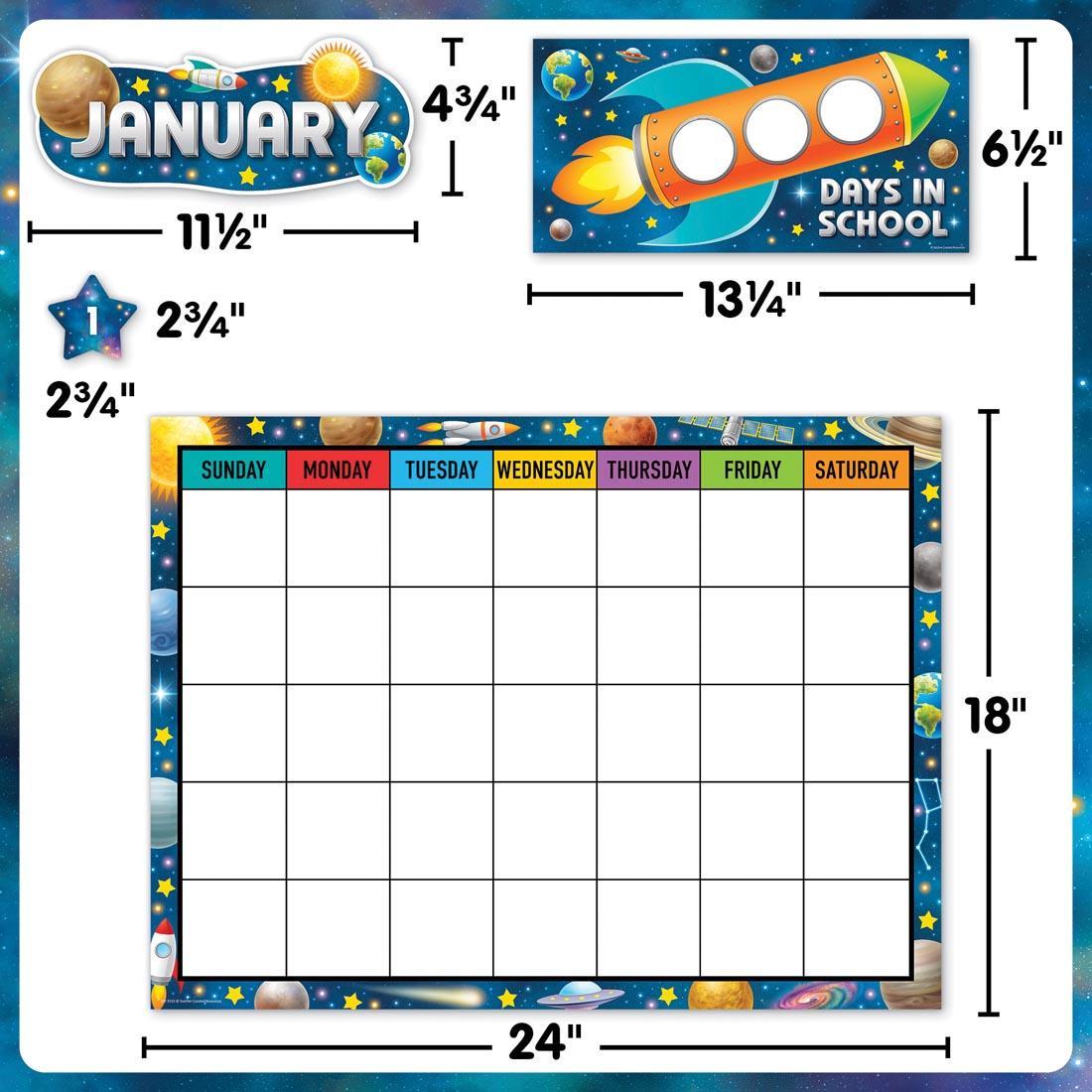 4 components of the Calendar Bulletin Board Set from the Outer Space Crew collection by Teacher Created Resources each labeled with their measurements