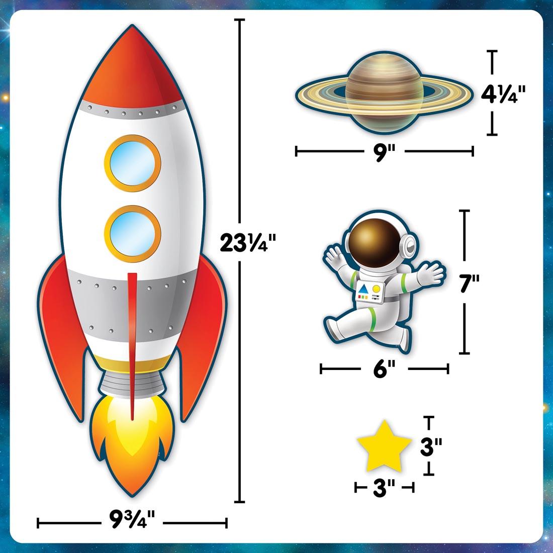 4 pieces of the Reach For The Stars Bulletin Board Set from the Outer Space Crew collection by Teacher Created Resources each labeled with their measurements