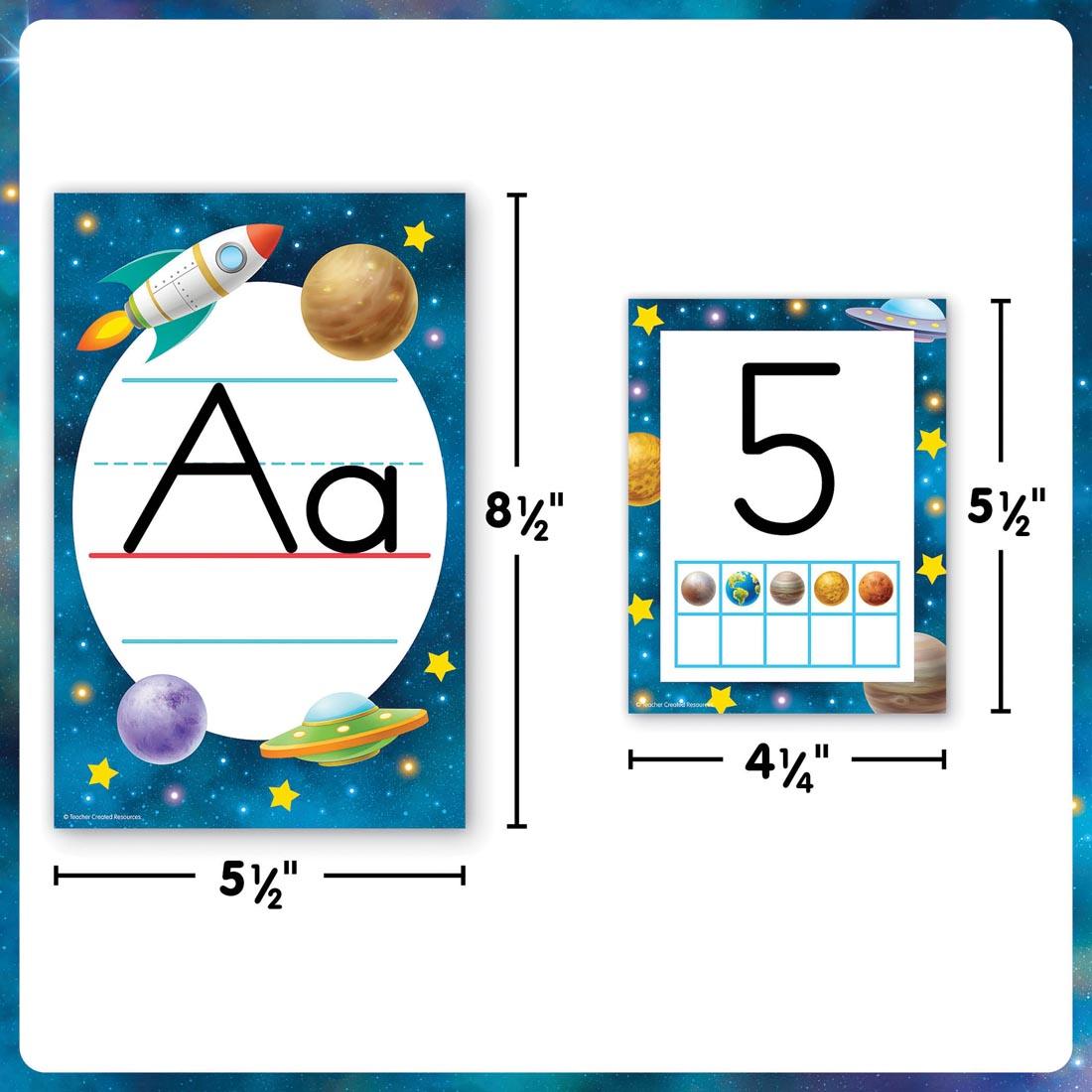 2 pieces of the Alphabet Bulletin Board Set from the Outer Space Crew collection by Teacher Created Resources each labeled with their measurements